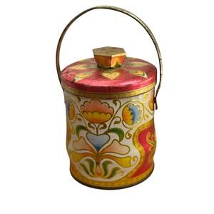 Vintage Murray Allen Floral Tin Candy Container – England – Handle Lid